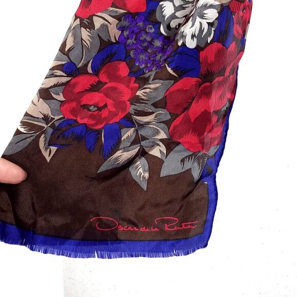 Oscar de la Renta 100% Silk Oblong Rectangular Long Floral Plaid Scarf - Picture 4 of 5